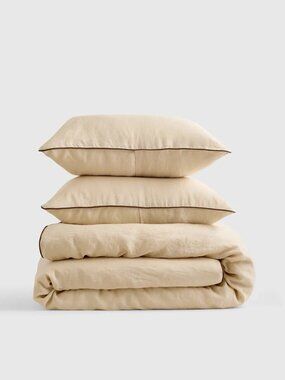 BNWT Quince European Linen Piped Duvet Cover Set White Oat Espresso Full Queen